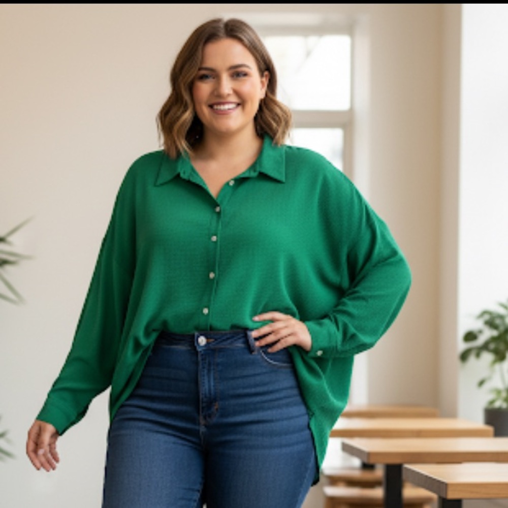 Penningtons Green Button Down Blouse Plus Size 4X Long Sleeve